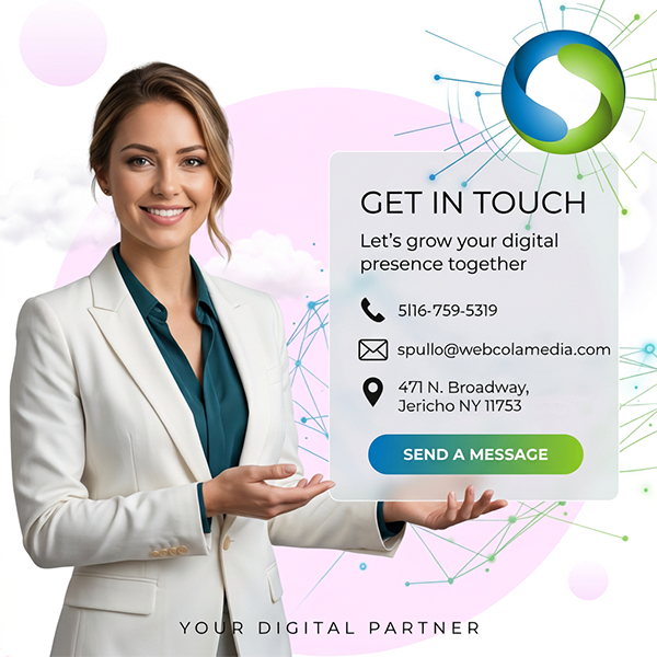 Professional Woman Holding Up a Contact us Graphic 