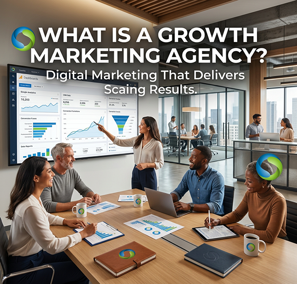 AI Created Professional Office Setting with Web Cola Media Branding a team gathered around a conference table What Is a Growth Marketing Agency?