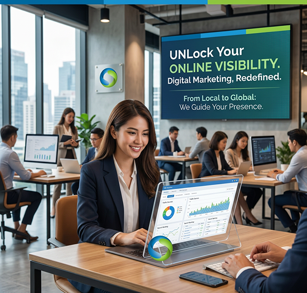 AI Created Professional Office Setting with Web Cola Media Branding an attractive business woman looking at a state of the art laptop Unlock Your Online Visibility in big letters behind her