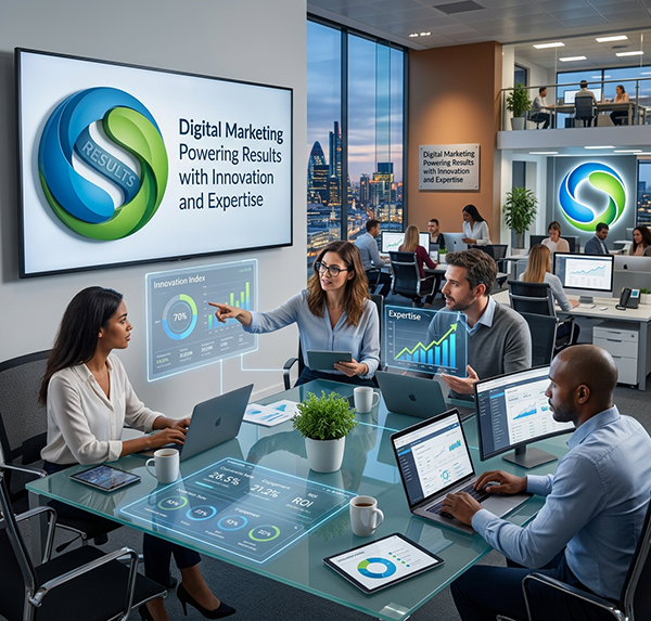 AI Created Professional Office Setting with Web Cola Media Branding a team strategizing using high tech Powering Results with Innovation and Expertise written on the wall above them