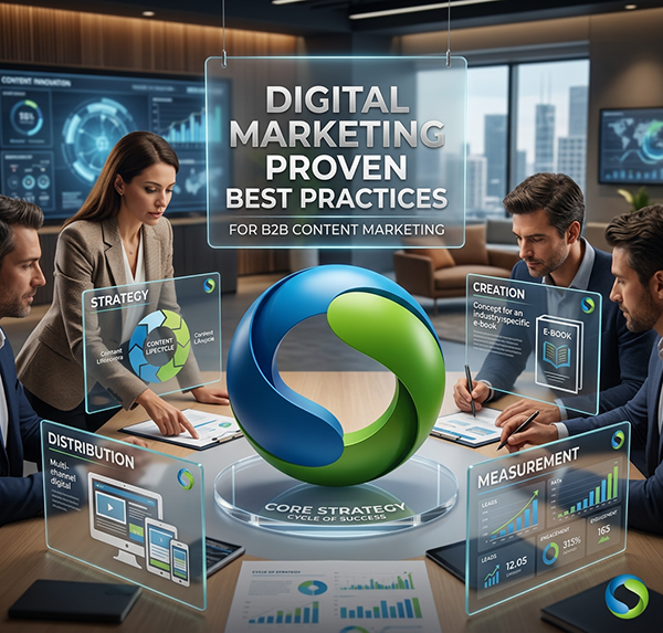 AI Created Professional Office Setting with Web Cola Media Branding Proven Best Practices for B2B Content Marketing