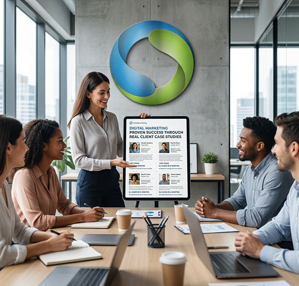 AI Created Professional Office Setting with Web Cola Media Branding Proven Success Through Real Client Case Studies
